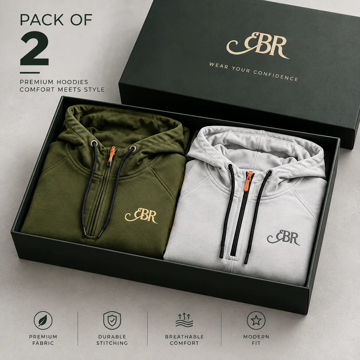 EBR Premium Hoodies – Pack of 2 | Olive Green, Grey White & Black - Image 2