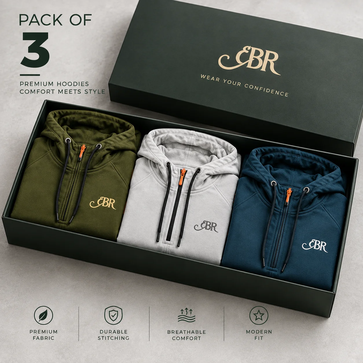 EBR Premium Hoodies – Pack of 3 | Olive Green, Grey White & Black - Image 2